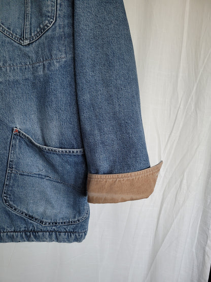 🚜 Fields of Red & Blue - vintage denim jacket with red fleece lining - size M