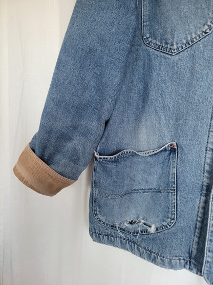 🚜 Fields of Red & Blue - vintage denim jacket with red fleece lining - size M
