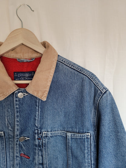 🚜 Fields of Red & Blue - vintage denim jacket with red fleece lining - size M