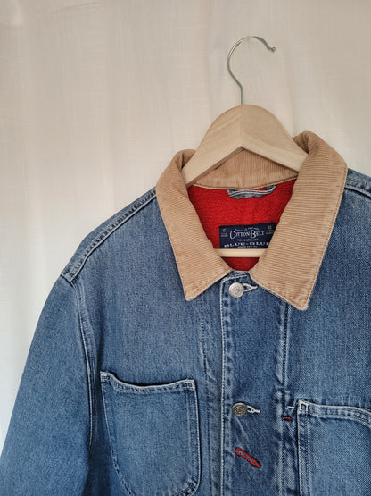 🚜 Fields of Red & Blue - vintage denim jacket with red fleece lining - size M