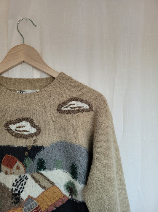 🏔️ Village in the Valley - vintage knitted sweater with embroidered mountain village - size M/L