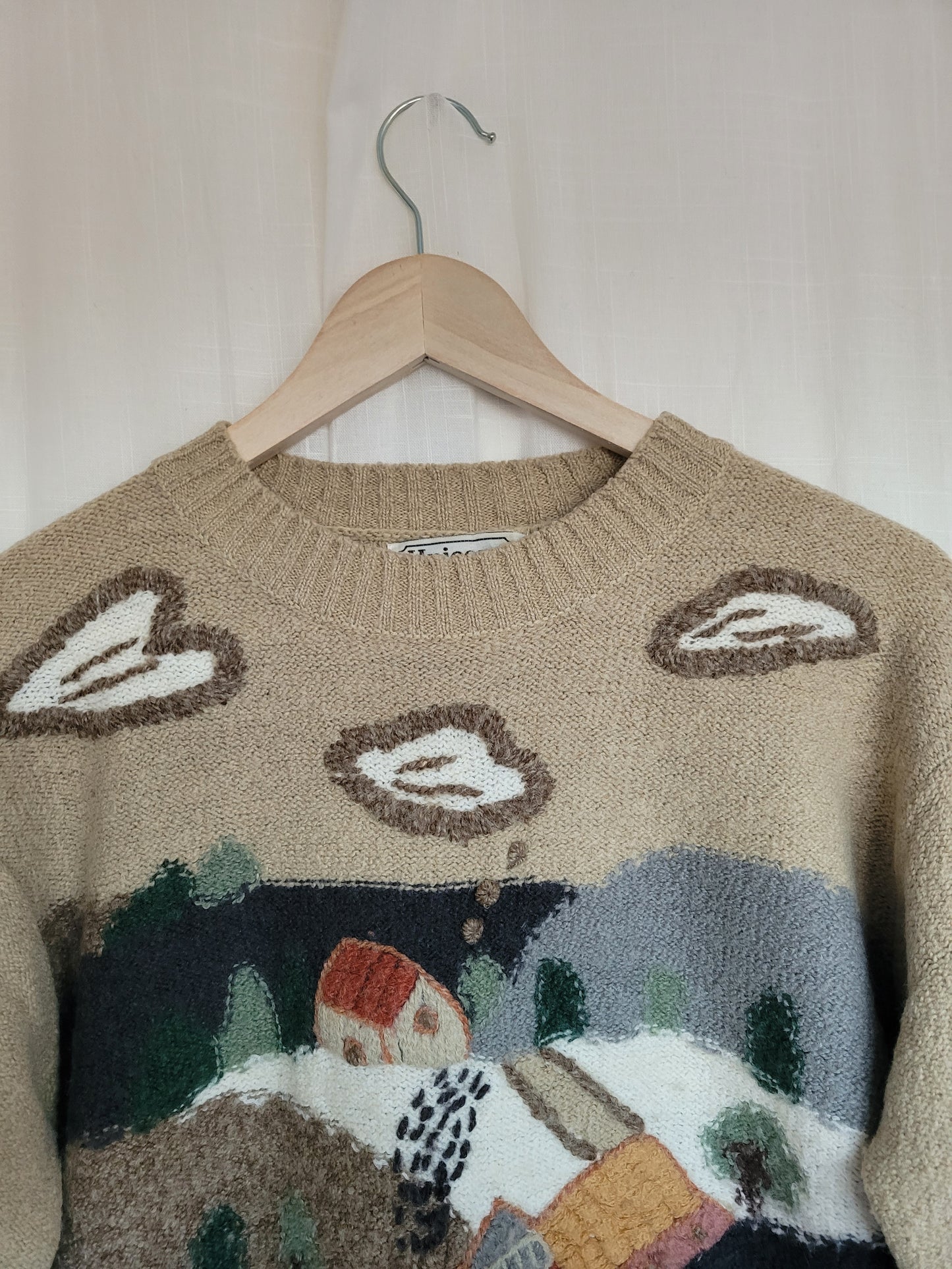 🏔️ Village in the Valley - vintage knitted sweater with embroidered mountain village - size M/L