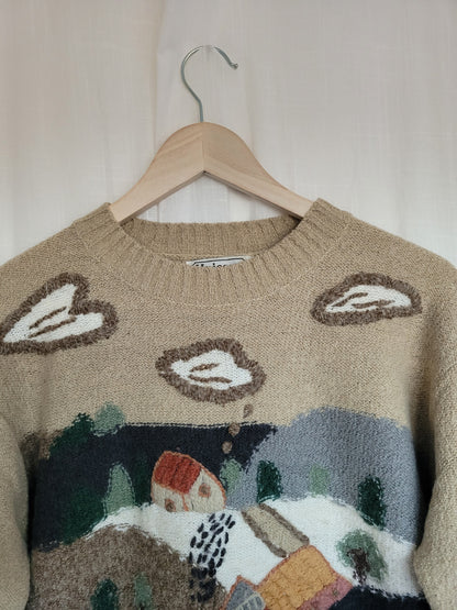 🏔️ Village in the Valley - vintage knitted sweater with embroidered mountain village - size M/L