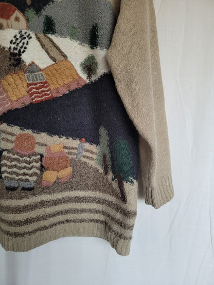 🏔️ Village in the Valley - vintage knitted sweater with embroidered mountain village - size M/L