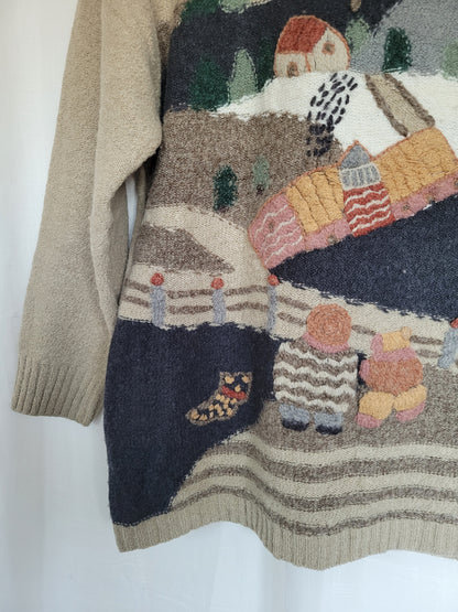 🏔️ Village in the Valley - vintage knitted sweater with embroidered mountain village - size M/L