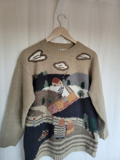 🏔️ Village in the Valley - vintage knitted sweater with embroidered mountain village - size M/L