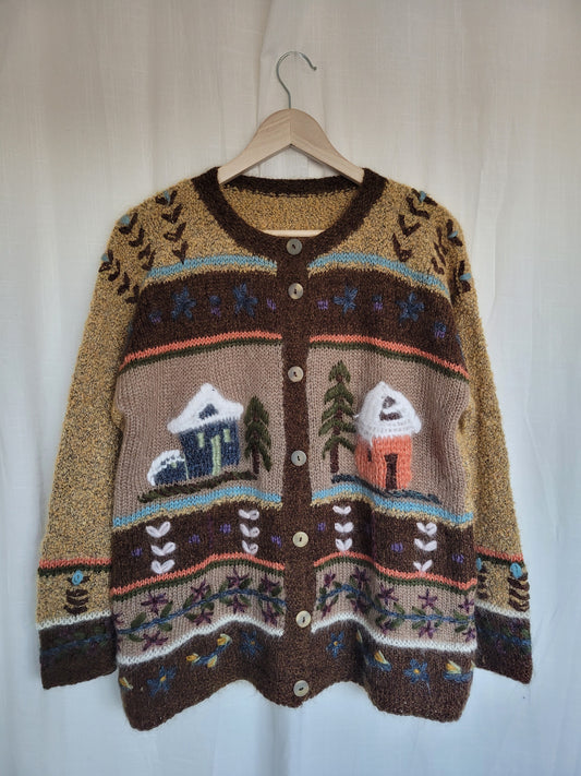 🌾 Tales of the Countryside - vintage knitted cardigan with embroidered village details - size L
