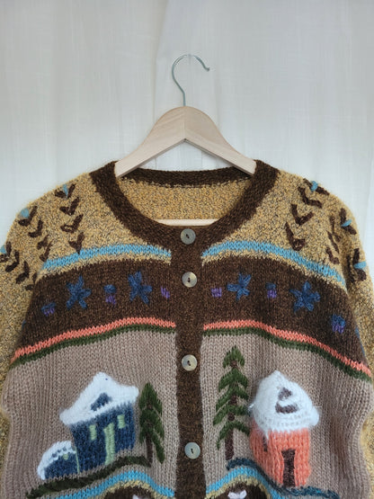 🌾 Tales of the Countryside - vintage knitted cardigan with embroidered village details - size L