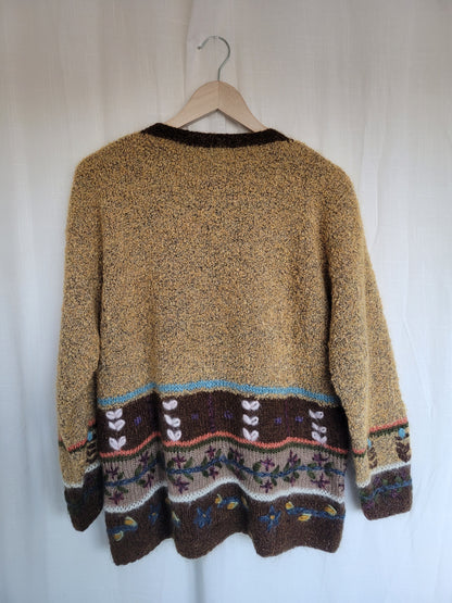 🌾 Tales of the Countryside - vintage knitted cardigan with embroidered village details - size L