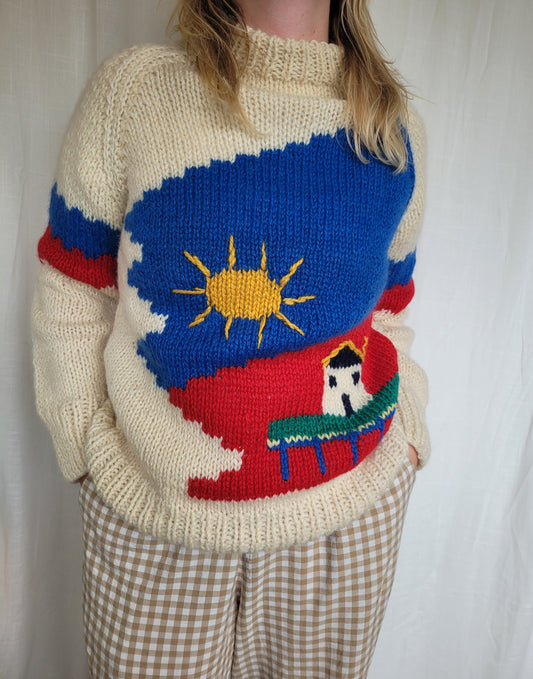 🌞 The Sunny Porch - funky chunky handmade knitted sweater with cottage details - size M