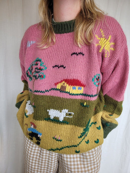 🐑 Woolly Whimsy - funky chunky pink/green knitted sweater - size XL/XXL
