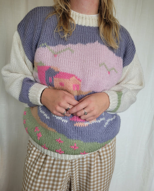🌷 Blossom Haven - vintage knitted sweater with cute little cottage details - size M/L