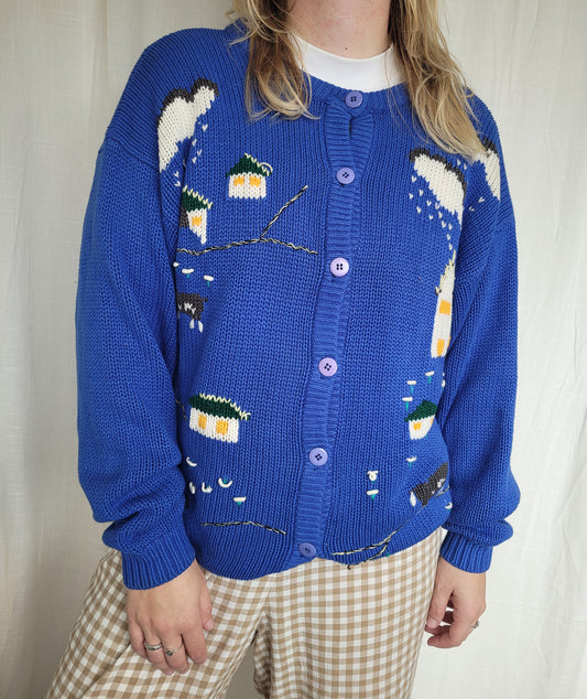 🏡 Azure Homestead - vintage blue cardigan with embroidered houses - size L/XL