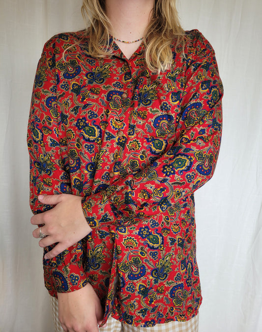🌅 Echoes of a Funky Dawn - funky red vintage blouse with patterns - size M