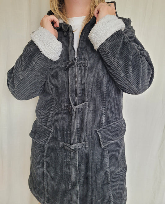 🌫️ Toggles in the Morning Fog - vintage long black corduroy coat with teddy lining - size L