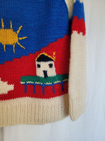 🌞 The Sunny Porch - funky chunky handmade knitted sweater with cottage details - size M
