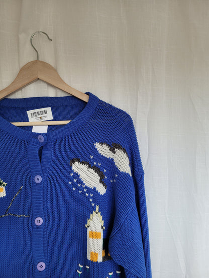 🏡 Azure Homestead - vintage blue cardigan with embroidered houses - size L/XL