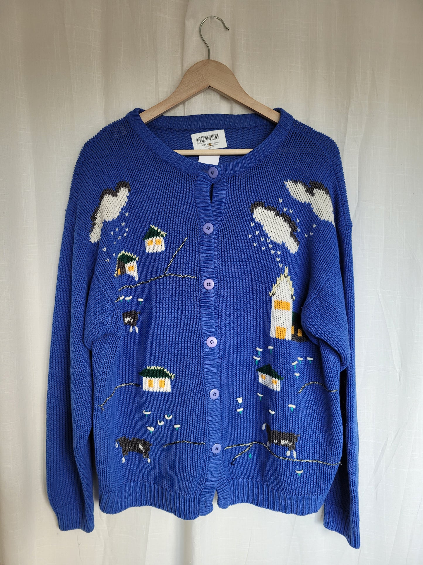 🏡 Azure Homestead - vintage blue cardigan with embroidered houses - size L/XL