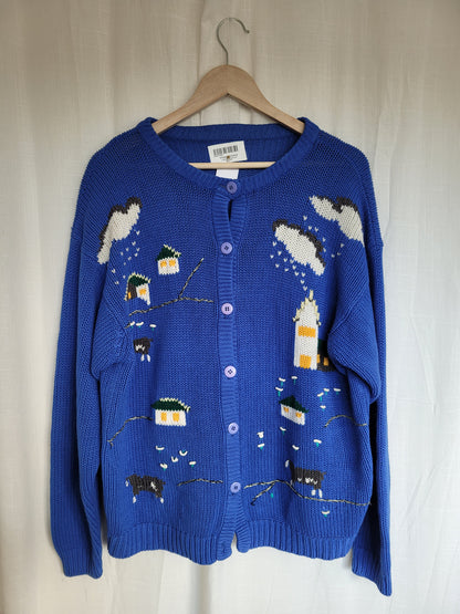🏡 Azure Homestead - vintage blue cardigan with embroidered houses - size L/XL