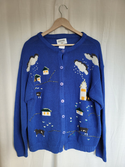 🏡 Azure Homestead - vintage blue cardigan with embroidered houses - size L/XL
