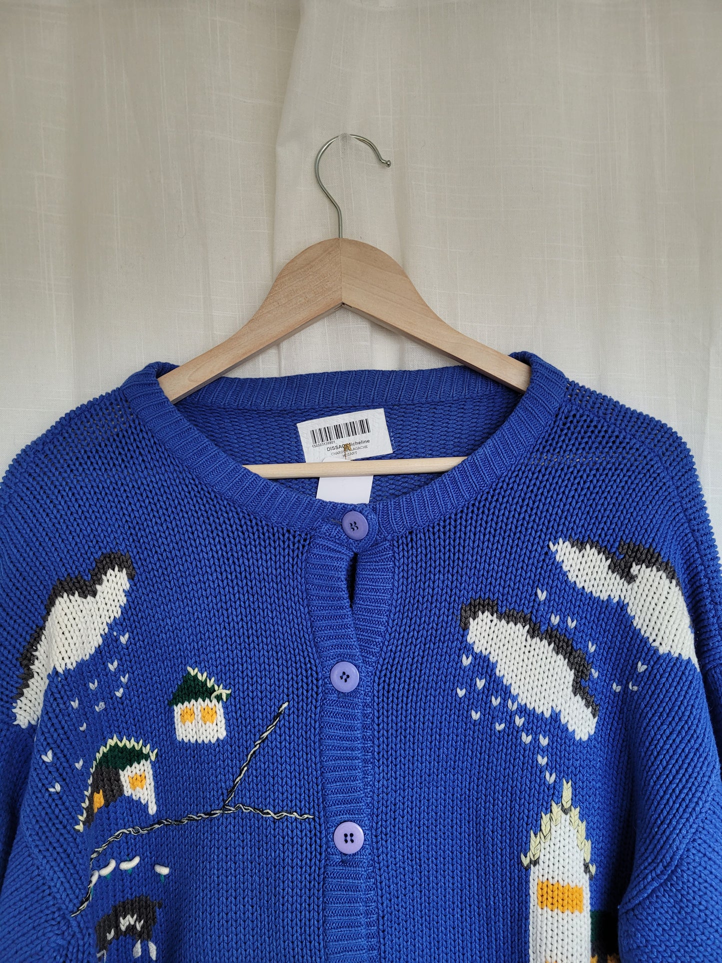 🏡 Azure Homestead - vintage blue cardigan with embroidered houses - size L/XL
