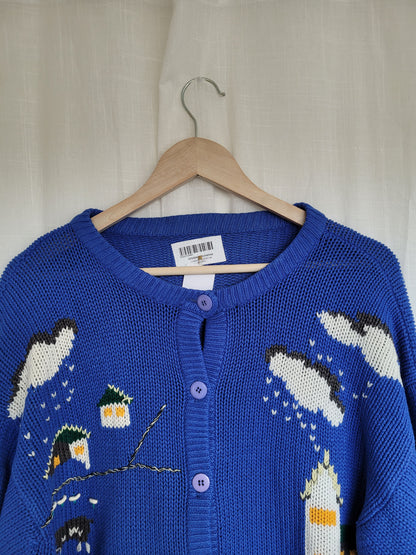 🏡 Azure Homestead - vintage blue cardigan with embroidered houses - size L/XL