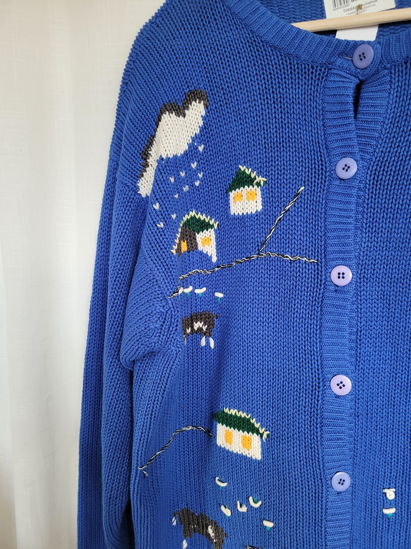 🏡 Azure Homestead - vintage blue cardigan with embroidered houses - size L/XL