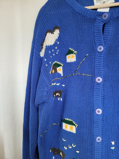 🏡 Azure Homestead - vintage blue cardigan with embroidered houses - size L/XL