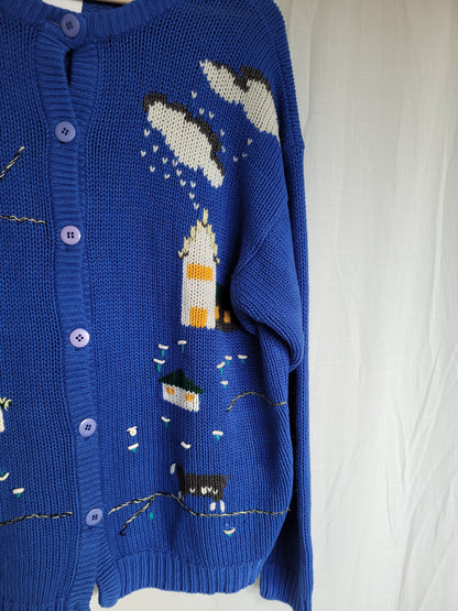 🏡 Azure Homestead - vintage blue cardigan with embroidered houses - size L/XL