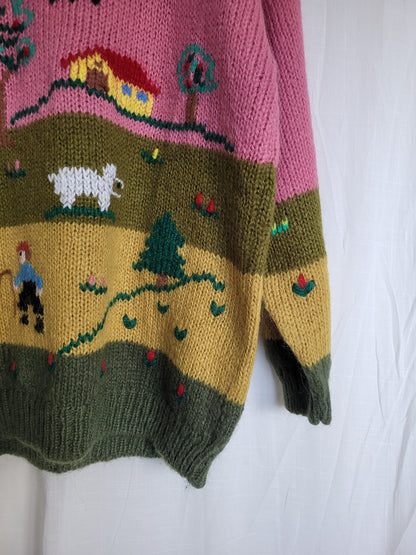 🐑 Woolly Whimsy - funky chunky pink/green knitted sweater - size XL/XXL