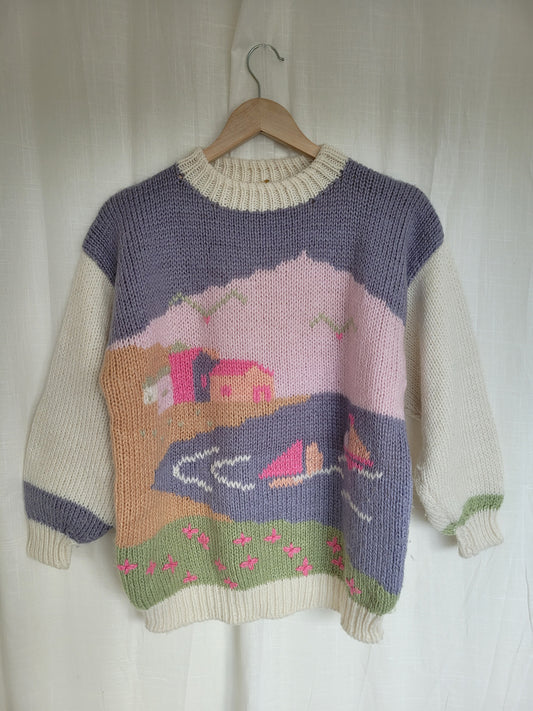 🌷 Blossom Haven - vintage knitted sweater with cute little cottage details - size M/L