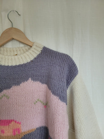 🌷 Blossom Haven - vintage knitted sweater with cute little cottage details - size M/L