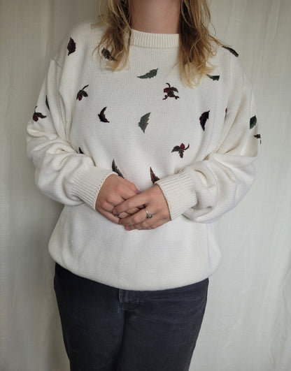 🍂 Whispers of Autumn Breeze - vintage knitted sweater with embroidered leaves - size L/XL