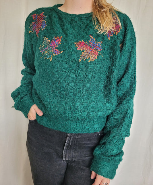 🍃 Leaves & Forest Dreams - vintage green, cropped, knitted sweater with patchworn leaves - size L/XL