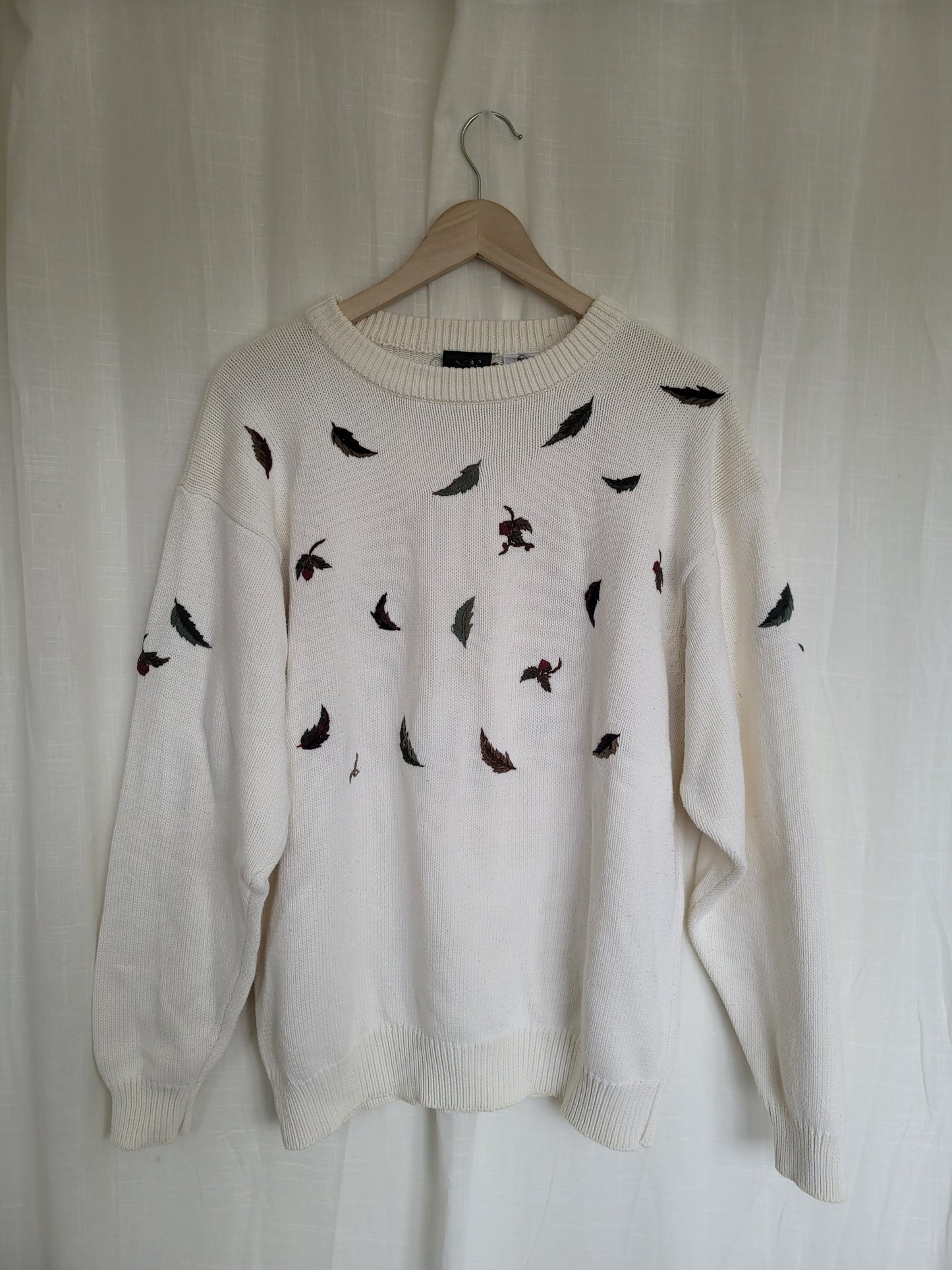 🍂 Whispers of Autumn Breeze - vintage knitted sweater with embroidered leaves - size L/XL