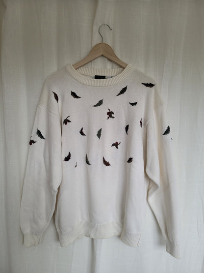 🍂 Whispers of Autumn Breeze - vintage knitted sweater with embroidered leaves - size L/XL
