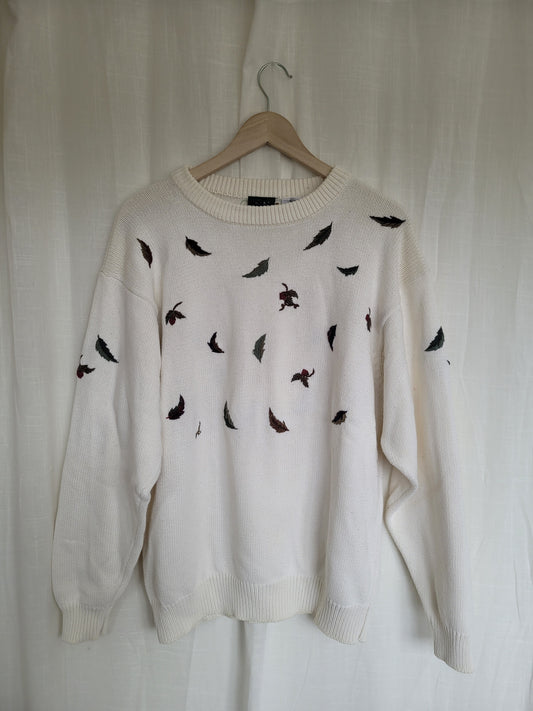 🍂 Whispers of Autumn Breeze - vintage knitted sweater with embroidered leaves - size L/XL