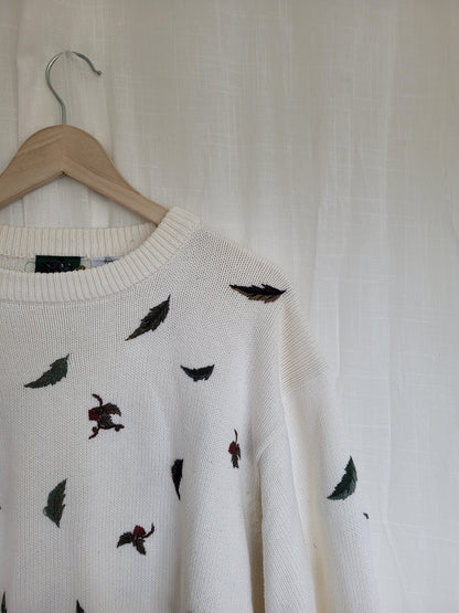 🍂 Whispers of Autumn Breeze - vintage knitted sweater with embroidered leaves - size L/XL