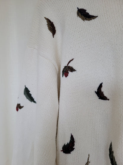 🍂 Whispers of Autumn Breeze - vintage knitted sweater with embroidered leaves - size L/XL