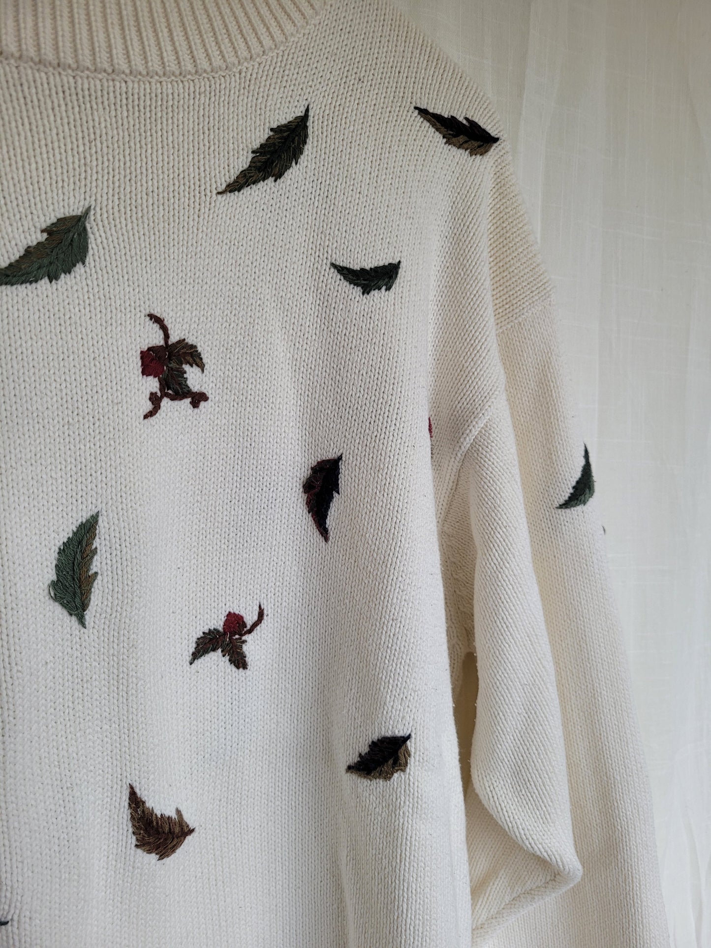 🍂 Whispers of Autumn Breeze - vintage knitted sweater with embroidered leaves - size L/XL