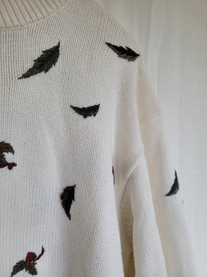 🍂 Whispers of Autumn Breeze - vintage knitted sweater with embroidered leaves - size L/XL
