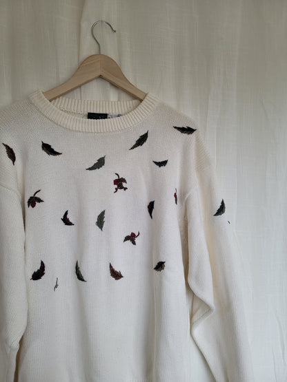 🍂 Whispers of Autumn Breeze - vintage knitted sweater with embroidered leaves - size L/XL