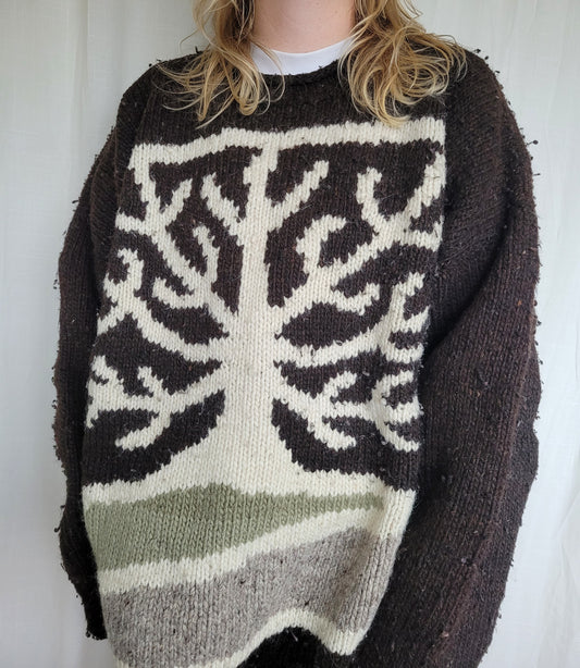 🍂 Under Bare Branches - vintage dark brown Pachamama knit with tree image - size XXL