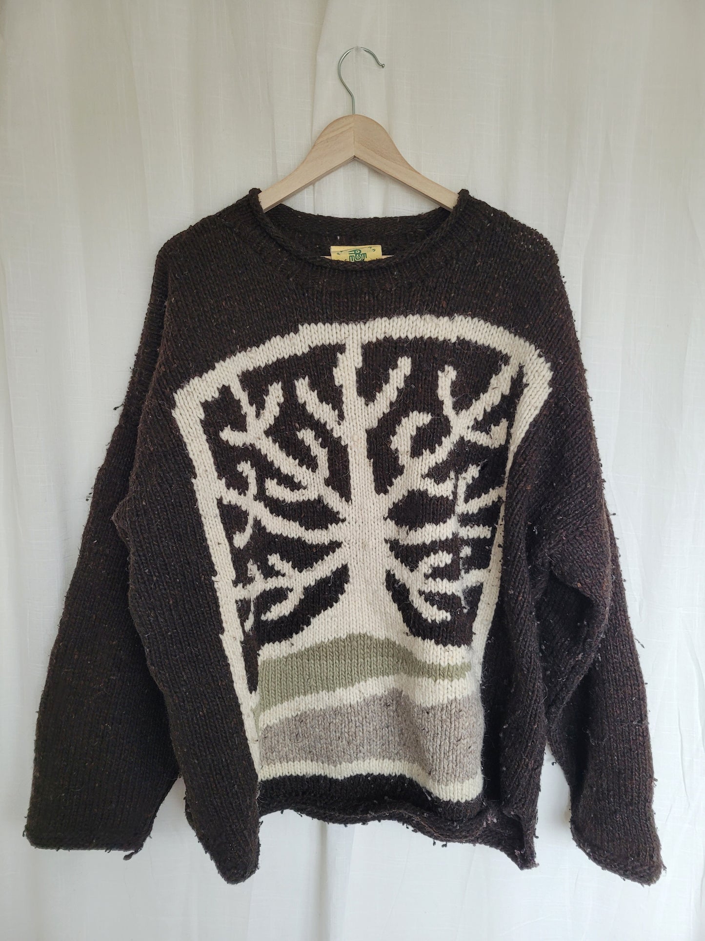 🍂 Under Bare Branches - vintage dark brown Pachamama knit with tree image - size XXL