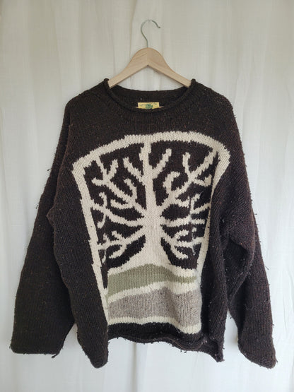 🍂 Under Bare Branches - vintage dark brown Pachamama knit with tree image - size XXL