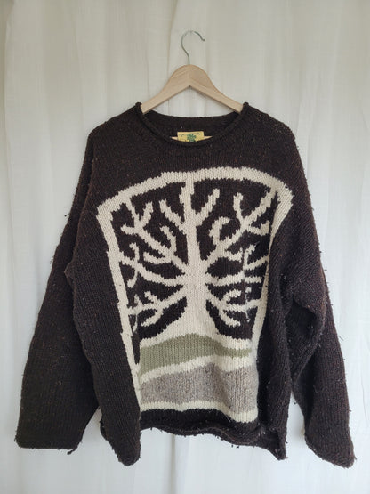 🍂 Under Bare Branches - vintage dark brown Pachamama knit with tree image - size XXL
