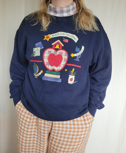 💙 A+ Sweater Club - vintage crewneck sweater with school themed images - size L