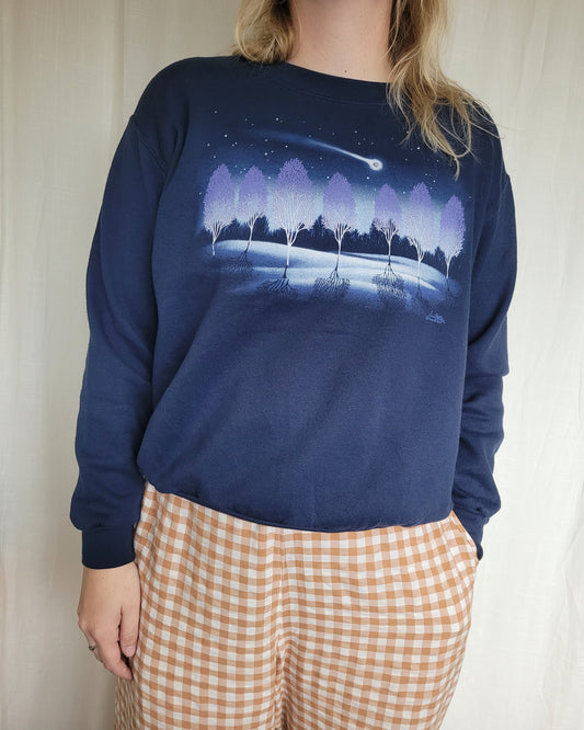 ✨ Under Falling Stars - vintage crewneck sweater with tree landscape and falling star - size M