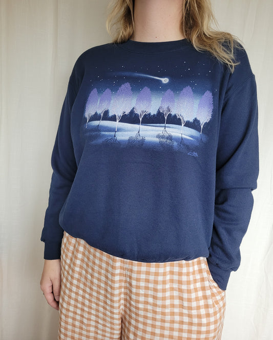 ✨ Under Falling Stars - vintage crewneck sweater with tree landscape and falling star - size M