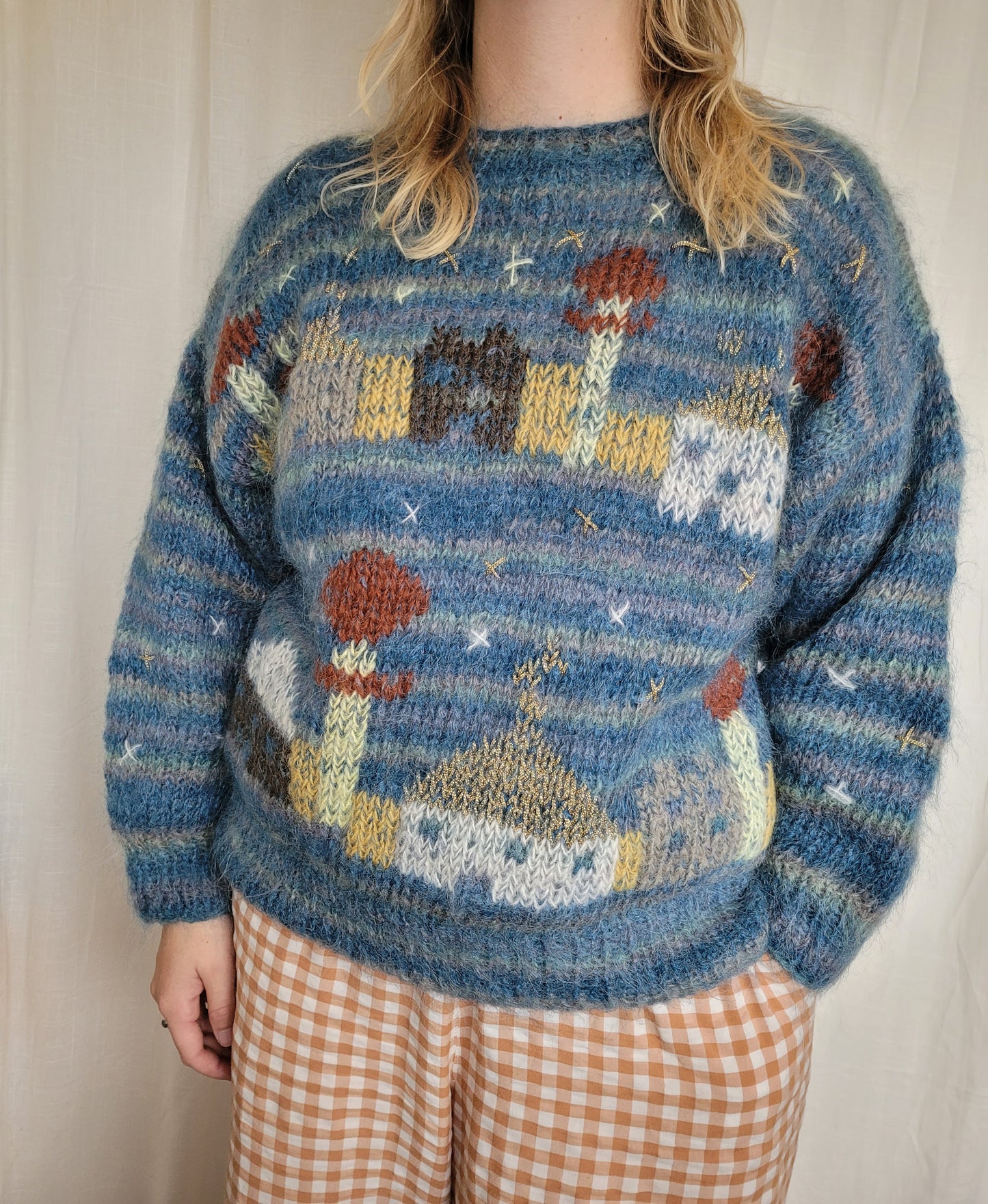 🌌 Whispers of the Midnight Town - vintage handmade knitted sweater with town landscape - size M/L